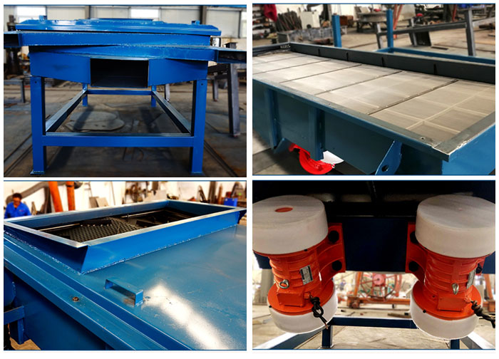 方形振動篩出料口，篩網和網架，進料口，振動電機等細節展示。