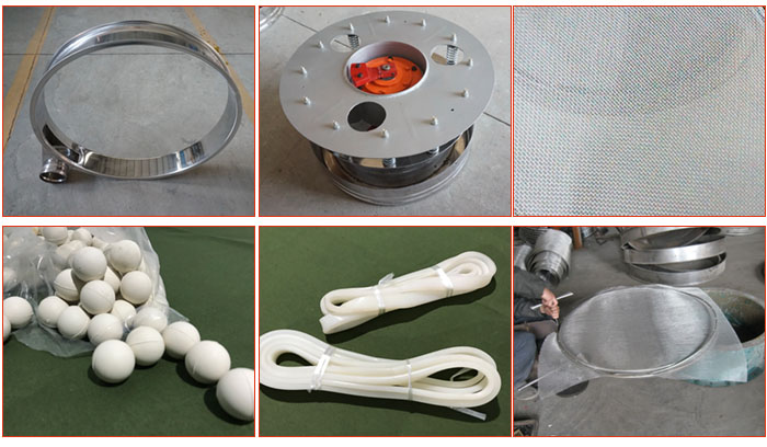 800型全不銹鋼振動篩配件有：振動篩篩框，電機，不銹鋼篩網等。