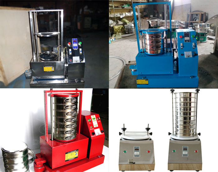 三種不同類型的試驗篩，區別控制臺在下部或在右側。材質為不銹鋼和碳鋼兩種，碳鋼材質做了噴漆有：紅色和藍色兩種。