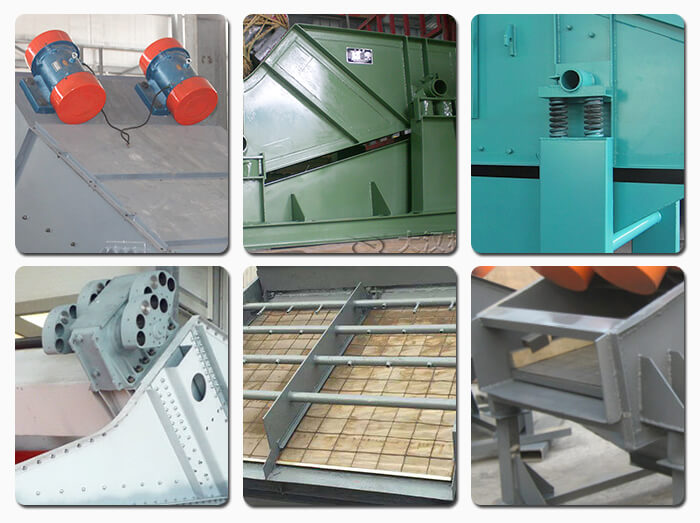 礦用振動(dòng)篩主要由激振器、篩體、篩網(wǎng)、減振裝置及座架等組成。篩箱由篩框、篩板、襯板等組成