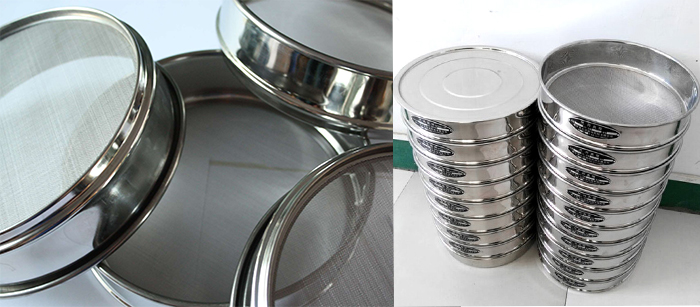 標準土壤篩，篩框與篩網展示圖。