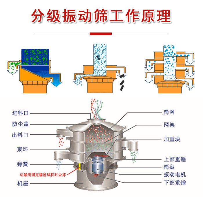 分級振動篩內部結構：進料口，防塵蓋，出料口，束環，彈簧，機座，篩網，網架，上部重錘，振動電機，下部重錘。